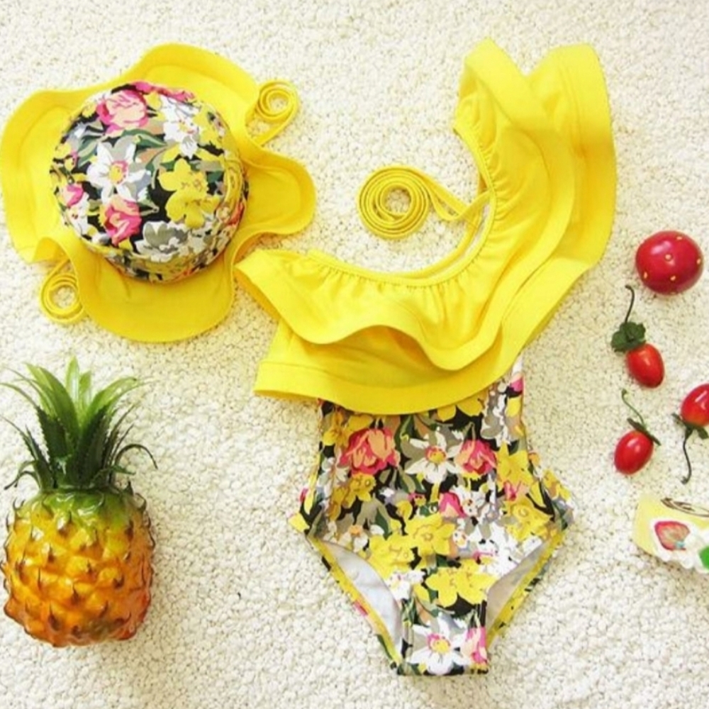BRAND NEW • Floral Ruffle Bathing Suit and Beach Hat Set